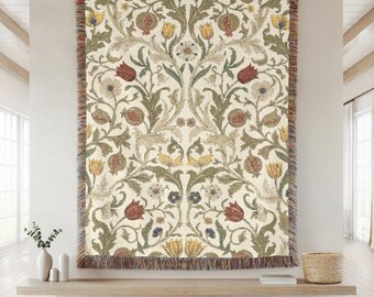 Boho Floral Woven Blanket Throw with Fringe, Neutral Decorative Sofa Throw, Cozy Living Room, Bedroom Decor Gift for Her, William Morris