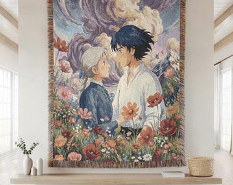 Ghibli Inspired Woven Throw Blanket, Studio Anime Art Cotton Tapestry, Romantic Meadow Picnic Rug, Cottagecore Home Decor, Howl Sophie Gift