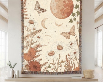 Vintage Celestial Woven Blanket, Boho Moon and Butterfly Throw, Cottagecore Botanical Floral Wall Hanging, Earthy Tone Picnic Tapestry Gift