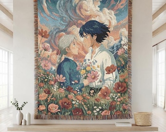 Manta tejida inspirada en Studio Ghibli, manta de algodón con pareja de anime, tapiz estético de Sophie de Howl, arte de pared de pradera floral, regalo de inauguración de casa