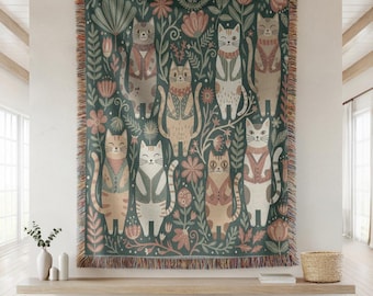 Folk Art Cat Woven Throw Blanket, Scandinavian Botanical Cotton Tapestry, Whimsical Animal Couch Cover, Cozy Hygge Home Decor Gift
