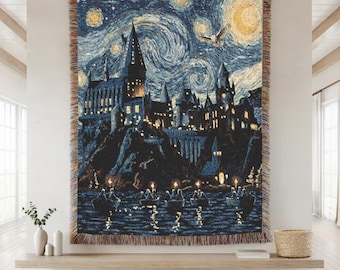 Starry Night Castle Woven Blanket, Gothic Fantasy Throw, Wizarding World Home Decor, Whimsical Art Blanket, Magical Gift for Book Lovers