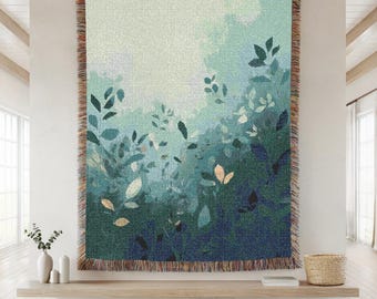 Abstract Forest Woven Throw Blanket, Teal Botanical Cotton Rug, Nature Inspired Housewarming Gift, Boho Sage Green Bedding, Moody Wall Art