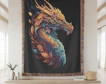 Dragon Woven Blanket, Fantasy Wall Tapestry, Mythical Beast Throw, Dark Academia Room Decor, Gothic Home Gift, Large Cotton Rug, Fire Drake