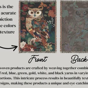 May include: Woven tapestry with an owl design, showcasing the front and back views. The front features a detailed owl with floral accents in red, blue, green, gold, white, and black. The back has a faded owl image.