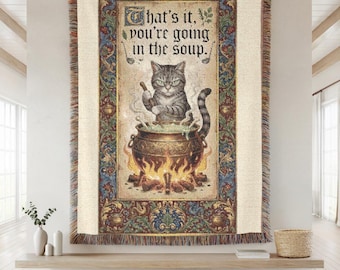 Medieval Cat Tapestry Blanket, Funny Cat Throw, Woven Blanket, Gothic Cat Decor, Vintage Style Couch Throw, Unique Cat Lover Gift