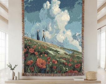 Manta tejida inspirada en Studio Ghibli, manta artística de El castillo ambulante de Howl, decoración de pradera de Sophie y Howl, alfombra de campo de flores de anime, regalo para fans de Ghibli