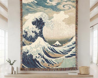 The Great Wave Off Kanagawa Woven Throw Blanket, Japanese Art Home Decor, Hokusai Wave Cotton Rug, Aesthetic Boho Wall Hanging,Birthday Gift