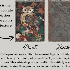 Puede incluir: Tapiz tejido con un dise&ntilde;o de b&uacute;ho. El frente presenta un b&uacute;ho detallado con plumas coloridas y detalles florales. La parte posterior muestra una imagen descolorida del b&uacute;ho. El texto dice: "Front" y "Back".