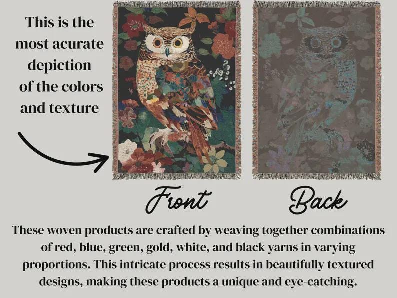 Puede incluir: Tapiz tejido con un dise&ntilde;o de b&uacute;ho. El frente presenta un b&uacute;ho detallado con plumas coloridas y detalles florales. La parte posterior muestra una imagen descolorida del b&uacute;ho. El texto dice: "Front" y "Back".