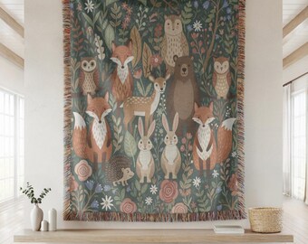Whimsical Woodland Animal Woven Throw Blanket, Scandinavian Folk Art Forest Nursery Decor, Fox Owl Bear Floral Tapestry, Cute Nature Gift