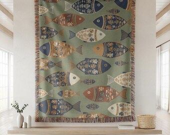 Koi Fish Pattern Woven Blanket | Tapestry Fish Throw, Nautical Home Decor