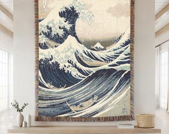 Great Wave Off Kanagawa Woven Throw Blanket, Japanese Art Cotton Rug, Hokusai Wave Wall Hanging, Aesthetic Home Decor, Unique Artistic Gift