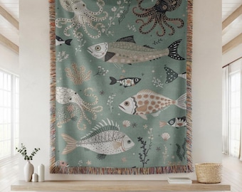 Ocean Sea Life Woven Blanket, Coastal Nursery Throw, Octopus Fish Nautical Tapestry