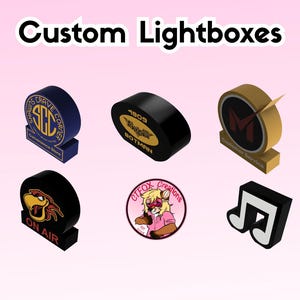 May include: Image of custom lightboxes with various designs. The lightboxes include text and logos for "Shawns Crave Corner", "4809 BOTMAN", "Customer Service", "ON AIR", "CTFOX Creations", and a musical note. The lightboxes are in various colors.