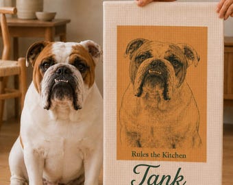 Personalized Bulldog Kitchen Towel, Custom Dog Portrait from Photo, Birthday Gift, Dog Mom Gift