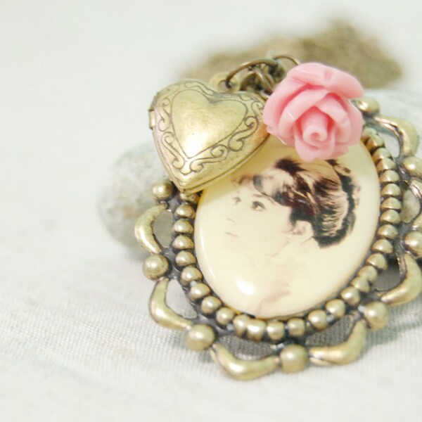 Free shipping, Audrey Hepburn vintage cameo necklace - handmade bronze charm long necklace, jewerly