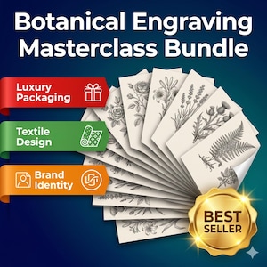 Op de afbeelding: Een bundel botanische graveer masterclass prints met gedetailleerde illustraties van verschillende bloemen en planten. De prints zijn in een waaier gerangschikt, met een gouden "Best Seller" badge. Tekst bevat "Luxury Packaging", "Textile Design" en "Brand Identity".