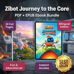 May include: An ebook bundle titled "Zibot Journey to the Core" with a robot character on a globe. The cover features a bunny and fox in a landscape. Includes "20 Full Pages", "Bilingual Edition", "Fun & Educational", and "Instant Access" labels. A "Best Seller" badge is also present.