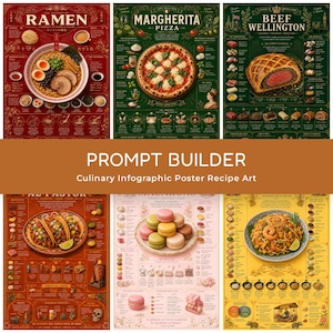 Op de afbeelding: Zes culinaire infographic posters met gedetailleerde illustraties van gerechten zoals ramen, margherita pizza en beef wellington. De posters hebben een vintage ontwerp en bevatten de tekst "PROMPT BUILDER" en "Culinary Infographic Poster Recipe Art".