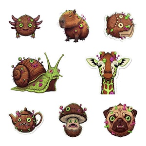 May include: A collection of whimsical stickers featuring various creatures and objects with a cartoonish, slightly grotesque style. The designs include a coconut, capybara, snail, giraffe, teapot, mushroom, and pug, all adorned with multiple eyes and other unusual features.