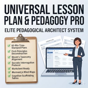 Może przedstawiać: Obraz promujący "Universal Lesson Plan & Pedagogy Pro". Kobieta w garniturze wskazuje na laptopa z planem lekcji. Na schowku wymieniono funkcje, takie jak "60-minutowe plany z pieczątką" i "Gotowy arkusz". Widoczne są dwa arkusze planu lekcji.