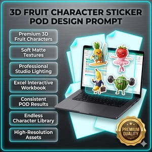 Op de afbeelding: Een laptop toont 3D fruit karakter stickers, waaronder een ananas surfer, een aardbei ballerina, een banaan zakenman en een watermeloen gewichtheffer. De tekst "3D Fruit Character Sticker Pod Design Prompt" is zichtbaar.