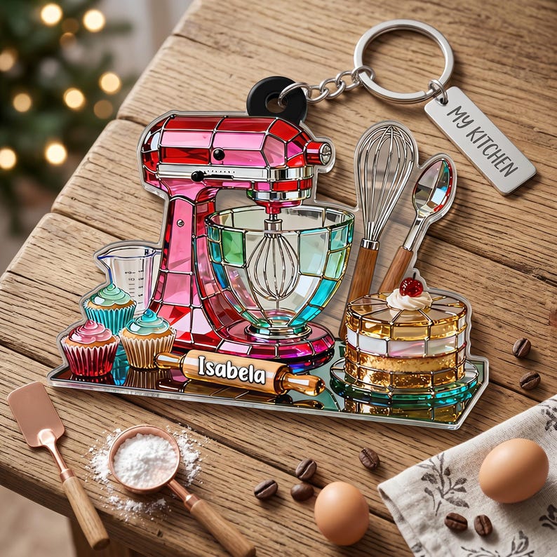 Personalized Stained Glass Mixer Keychain Custom Name, Baker Pastry ...