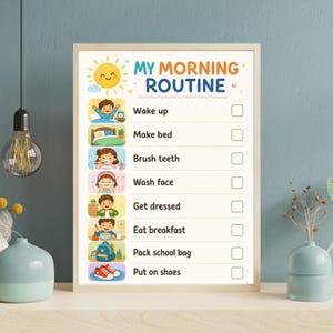 Peut inclure: Une affiche encadrée intitulée « MA ROUTINE DU MATIN » avec des illustrations d'enfants effectuant des tâches quotidiennes. Les tâches comprennent se réveiller, faire son lit, se brosser les dents, se laver le visage, s'habiller, prendre le petit-déjeuner, préparer son sac d'école et mettre ses chaussures.