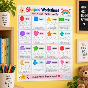 May include: A white educational poster titled Shapes Worksheet featuring colorful illustrations of various shapes including a circle, square, triangle, rectangle, oval, heart, star, diamond, trapezoid, pentagon, hexagon, octagon, crescent, cross, parallelogram, and kite.