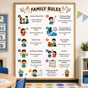 Può includere: Un poster da parete incorniciato intitolato Family Rules che presenta undici punti numerati con illustrazioni colorate e istruzioni testuali per bambini, incluse linee guida su comportamento, faccende domestiche e igiene su sfondo bianco.