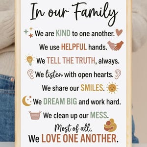 May include: A rectangular wall art print in a light wood frame featuring the text In our Family followed by a list of rules including We are KIND to one another, We use HELPFUL hands, We TELL THE TRUTH, We listen with open hearts, We share our SMILES, We DREAM BIG and work hard, We clean up our MESS, and Most of all, We LOVE ONE ANOTHER, decorated with small icons.