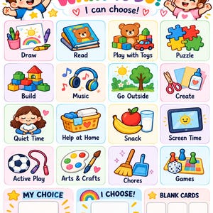 Op de afbeelding: Een kleurrijke educatieve activiteitenkaart getiteld What Do You Want To Do? met cartoonkinderen en zestien geïllustreerde vierkanten die dagelijkse taken zoals tekenen, lezen, spelen en klusjes weergeven, met lege ruimtes onderaan voor keuzes.