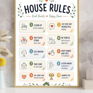 May include: A framed print with the words "HOUSE RULES" and illustrated guidelines for a happy home. The rules include cleaning up, using kind words, helping others, being gentle, using indoor voices, keeping hands and feet to yourself, taking care of the home, listening, apologizing, and doing your best.