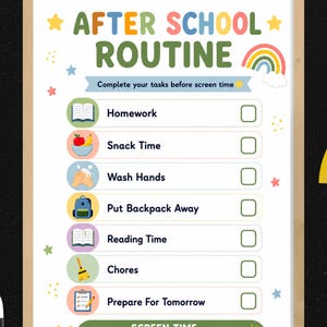 Peut inclure: Une affiche encadrée avec le titre "AFTER SCHOOL ROUTINE" en lettres colorées. L'affiche liste des tâches comme les devoirs et les corvées, avec des cases à cocher. Le bas indique "SCREEN TIME UNLOCKED!" avec une icône de manette de jeu.