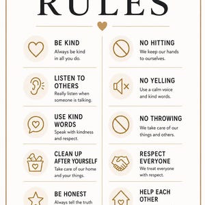 Może przedstawiać: Biała tablica ścienna z napisem OUR HOME RULES czarną i złotą czcionką. Zawiera dziesięć zasad z ikonami: BE KIND, LISTEN TO OTHERS, USE KIND WORDS, CLEAN UP AFTER YOURSELF, BE HONEST, NO HITTING, NO YELLING, NO THROWING, RESPECT EVERYONE, HELP EACH OTHER.