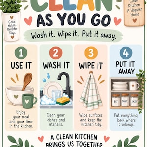 Op de afbeelding: Een kleurrijke instructieposter met de titel CLEAN AS YOU GO en de ondertitel Wash it. Wipe it. Put it away. Het bevat vier genummerde stappen met illustraties van keukentaken, een plant in pot, een snijplank en de tekst A CLEAN KITCHEN BRINGS US TOGETHER.