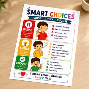 Peut inclure: Une affiche éducative colorée intitulée SMART CHOICES avec le sous-titre PAUSE THINK CHOOSE. Elle présente trois sections avec des illustrations d'un enfant montrant les étapes pour prendre des décisions, incluant des textes pour réfléchir.