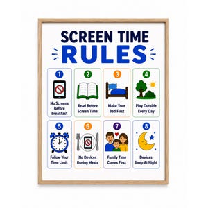 Screen Time Rules for Kids Printable, Positive Parenting Chart, Kids Routine Poster, Playroom Wall Art, Instant Download