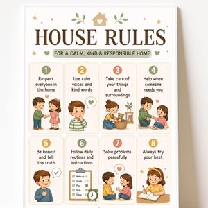 Op de afbeelding: Een ingelijste poster met de tekst "HUISREGELS" en illustraties van kinderen die positief gedrag vertonen. De poster bevat regels zoals respect voor anderen, het gebruik van vriendelijke woorden en het vreedzaam oplossen van problemen. Het overkoepelende thema is het creëren van een rustig en verantwoordelijk huis.