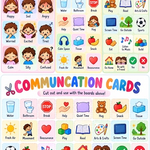 May include: A communication board set featuring three sections labeled I FEEL, I NEED, and I WANT with illustrated icons for emotions and activities, plus a separate sheet of cut-out communication cards with matching icons and text labels.