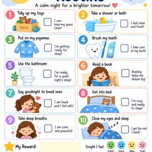 Peut inclure: Un tableau de routine du coucher avec dix étapes numérotées, des illustrations et des cases à cocher. Le texte inclut Small Steps Big Dreams, A calm night for a brighter tomorrow, My Reward, Tonight I feel et des affirmations positives.