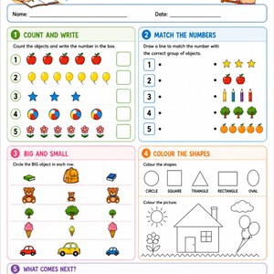 Peut inclure: Une fiche d'exercices de mathématiques pour la maternelle avec des illustrations colorées de pommes, ballons, étoiles, balles, fleurs, arbres, oranges, ours, glaces, voitures et formes. La page comprend cinq sections pour compter, associer, comparer les tailles, colorier et compléter des suites logiques.