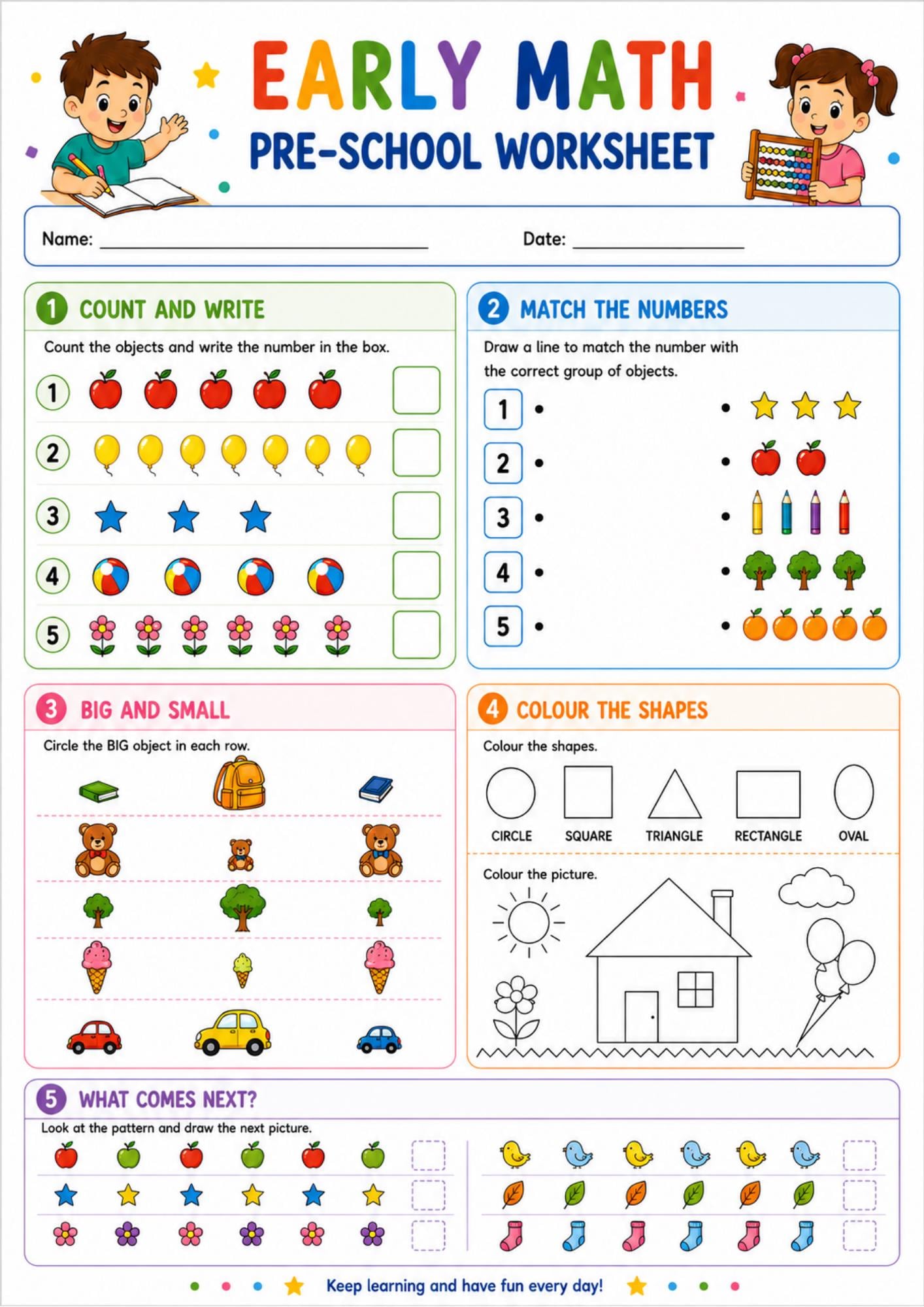 Preschool Math Worksheet Counting, Numbers, Shapes & Patterns Pre-K Printable Activity