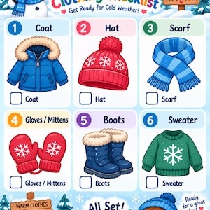 May include: A Winter Clothing Checklist poster featuring a snowman and a child in winter gear. It lists six items: a blue coat, a red hat, a blue scarf, red mittens, blue boots, and a green sweater, each with a checkbox for tracking winter essentials.