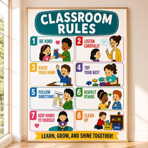 Può includere: Un poster rettangolare con le regole della classe che presenta otto sezioni numerate con illustrazioni colorate di bambini e un insegnante. Il testo include "CLASSROOM RULES" in alto e "LEARN, GROW, AND SHINE TOGETHER!" in basso.