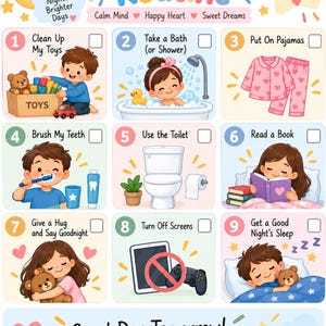 May include: A colourful bedtime routine chart for children featuring nine numbered steps with illustrations. Text includes My Bedtime Routine, I Can Do This!, and tasks like Clean Up My Toys, Take a Bath, Put On Pajamas, and Get a Good Night's Sleep.
