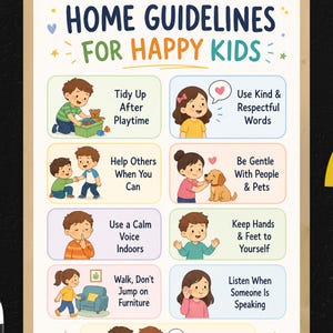 May include: A framed poster with the text "HOME GUIDELINES FOR HAPPY KIDS" and illustrations of children demonstrating positive behaviors. The poster includes rules like "Tidy Up After Playtime" and "Use Kind & Respectful Words."