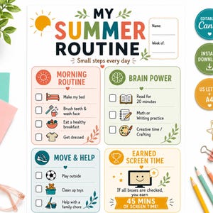 Peut inclure: Une fiche imprimable My Summer Routine avec des sections pour la routine du matin, le cerveau, le mouvement et le temps d'écran. Le document comprend des cases à cocher, des icônes et des textes pour les tâches quotidiennes, avec un espace nom.