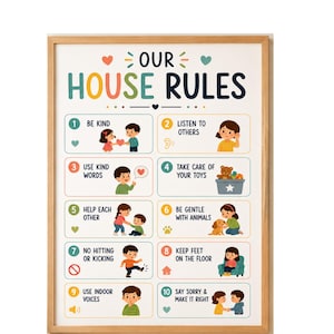 Può includere: Un poster da parete incorniciato intitolato Our House Rules che presenta dieci sezioni numerate con illustrazioni colorate di bambini che dimostrano comportamenti positivi come essere gentili, ascoltare, usare parole gentili e aiutarsi a vicenda in una cornice di legno chiaro.